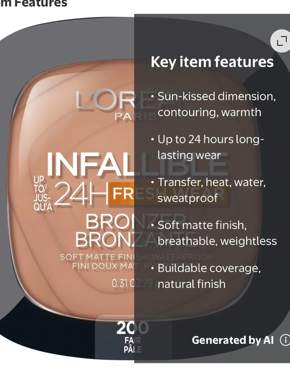 L'Oreal Infallible Fresh Wear Bronzer 24 Hr Fresh Wear- 200 Fair
